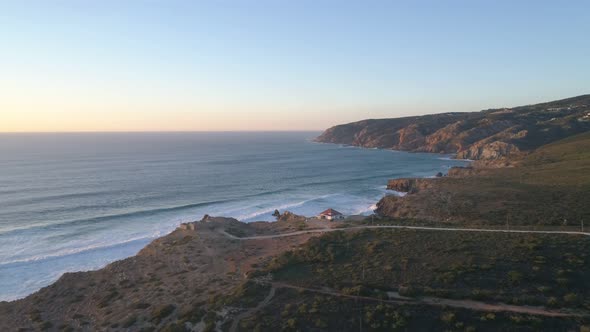 Aerial drone view of Guincho beach in Cascais, Portugal