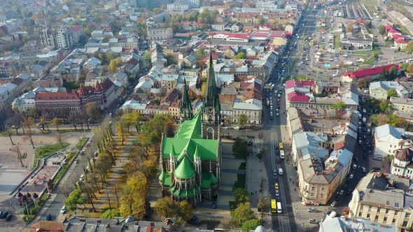 Aerial Video of Saint Olga and Elizaveta Church in Central Part of Old City of Lviv, Ukraine