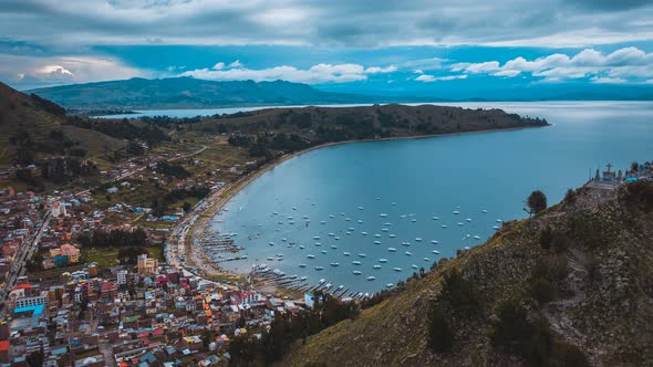 Hyperlapse of Copacabana, lake Titikaka, at the Border of Bolivia flying over Cerro Calvario