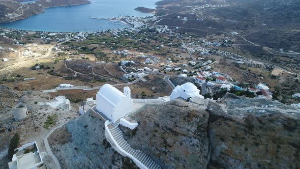 Village of Chora on the island of Serifos in the Cyclades in Greece from the sky