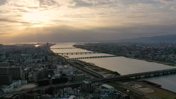 Aerial view 4k video by drone of River and building in Osaka city