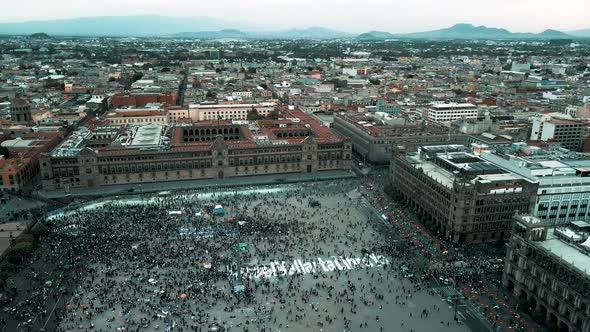 Orbital view of Womans march 8m international day in Mexico city Main plaza Zocalo
