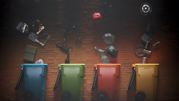 Timelapse with garbage falling to colorful trash bins next to the brick wall.