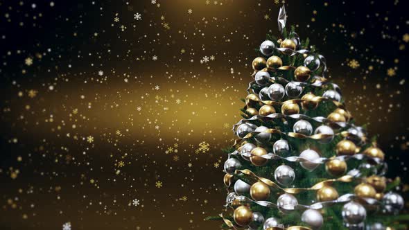 Christmas Tree With Shiny Lights And Golden Background Looped