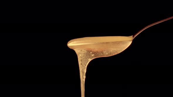 Honey Dripping Pouring From Spoon on a Black Isolated Background