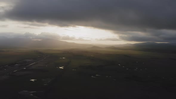 A View From a Drone of a Beautiful Sunset in the Valleys with the River