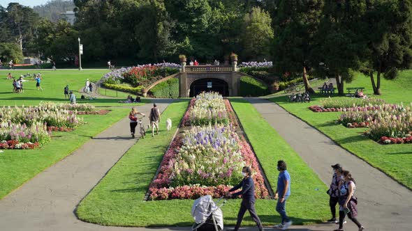 People enjoying a beautiful day at the Conservatory of Flowers in San Francisco.