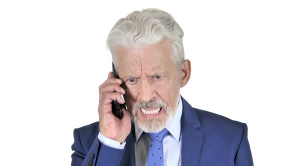 Angry Old Businessman Talking on Phone White Background