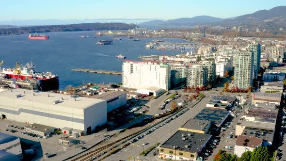 Aerial flying toward the docks in North Vancouver on a bright sunny day.