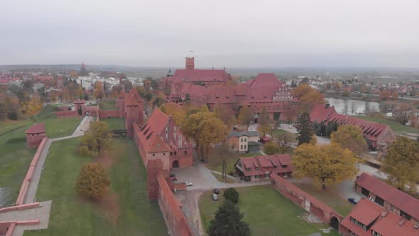 Aerial shoot of the biggest brick castle in the world, located in Malbork, Poland. Shoot on a DJI Ma