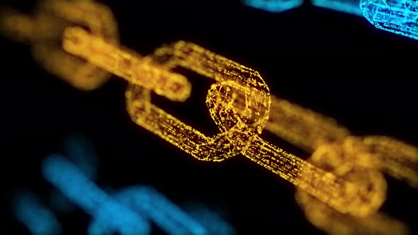 Blockchain cryptocurrency connected multi-function Gold chain particle closeup on Black background