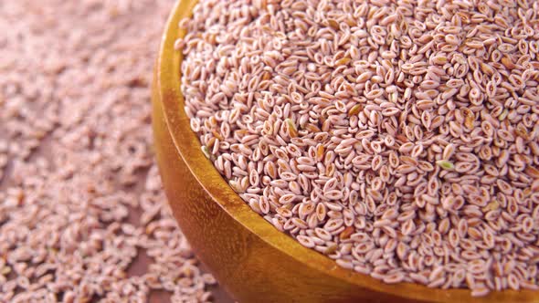 Full rustic bowl of psyllium grain nutritional supplement. Dry Indian isabgol seeds. Macro