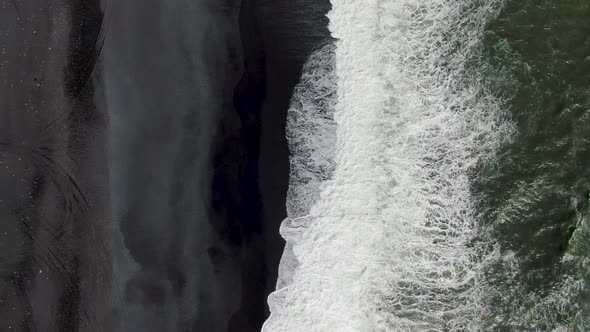 Top-down aerial view of the waves at Reynisfjara black sand beach, Iceland