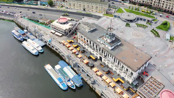 Aerial View of River Pier in Kiev. Postal Square in the Capital of Ukraine. River Trams and Boats