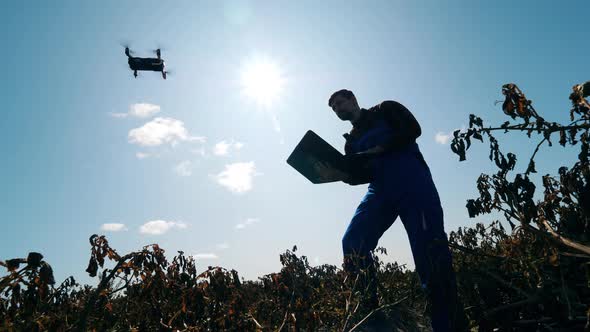 Male Agronomist Is Operating a Drone From the Laptop