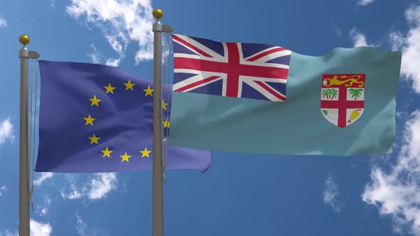 European Union Flag Vs Fiji Flag On Flagpole
