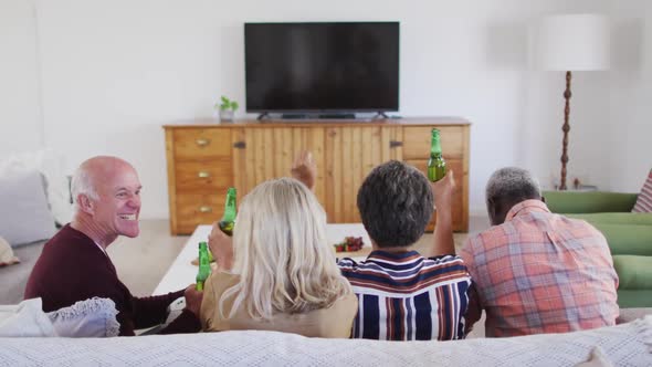 Two diverse senior couples sitting on a couch watching a game drinking beer cheering