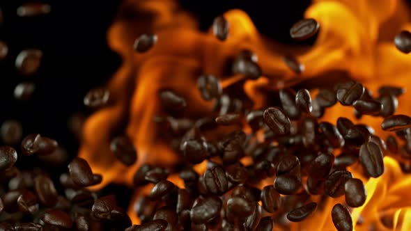 Super Slow Motion Shot of Coffee Beans and Flames After Being Exploded at 1000Fps.