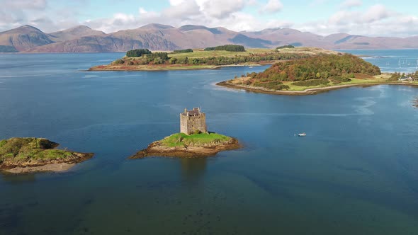 Aerial of the Historic Castle Stalker in Argyll, Scotland