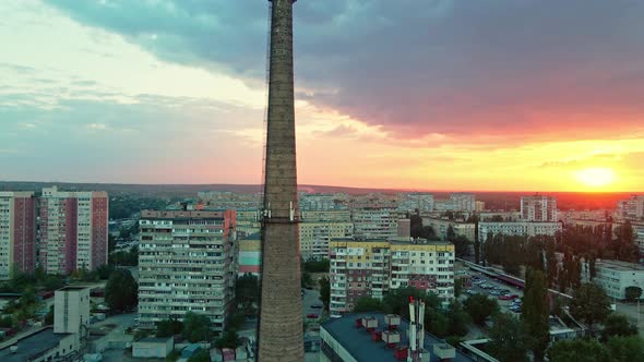 Aerial View Multi Storey Apartment Buildings in Residential Area of City at Sunset