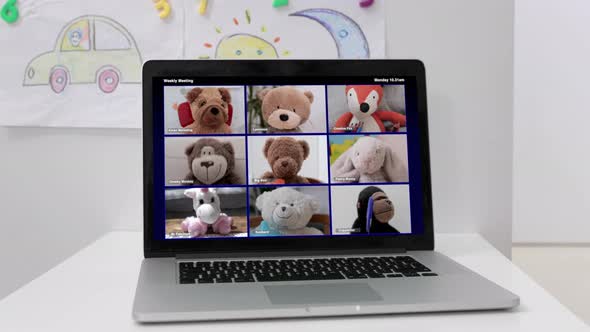 Video of Teddy Bears on Laptop Video Chat