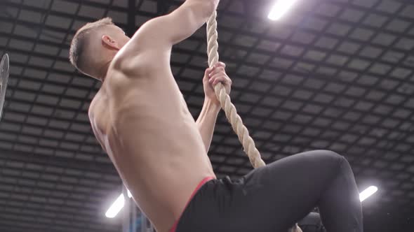 Handsome Strong Man Athlete Climbs the Rope in Gym