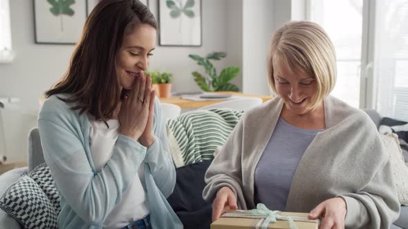 Cheerful woman informs mom that she will become a grandmother. Shot with RED helium camera in 8K.