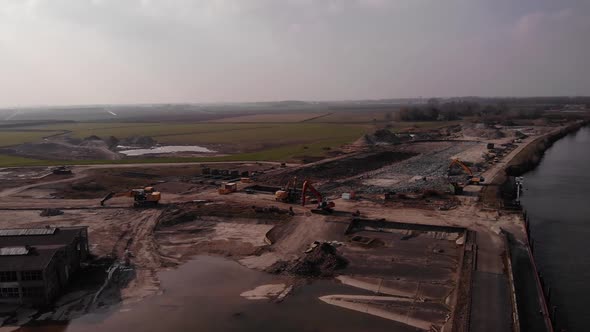 Aerial view over a new constructions development site in the countryside