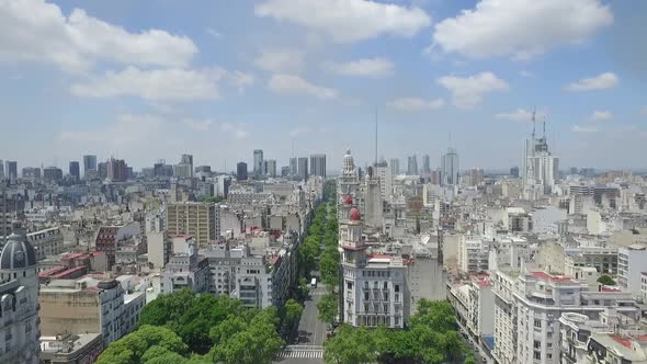 Aerial Drone view Of Buenos Aires, Avenida de Mayo Cityscape