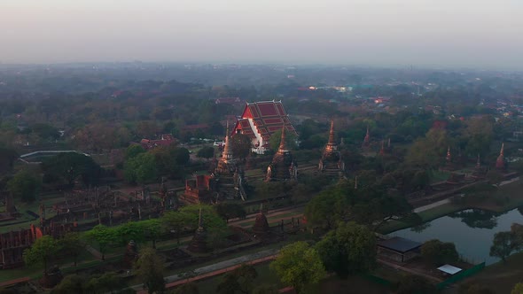 Aerial View of Wat Phra Si Sanphet Ruin Temple at Sunrise in Phra Nakhon Si Ayutthaya Thailand