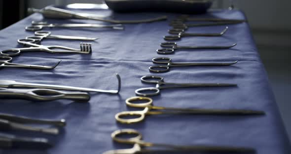 Close-up of surgical tools on tray