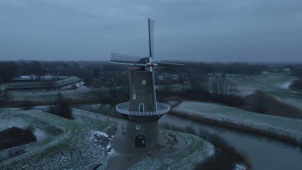 Aerial View Of Nooit Volmaakt Flour Mill On The Bank Of Linge River In Wintertime At Gorinchem, Neth