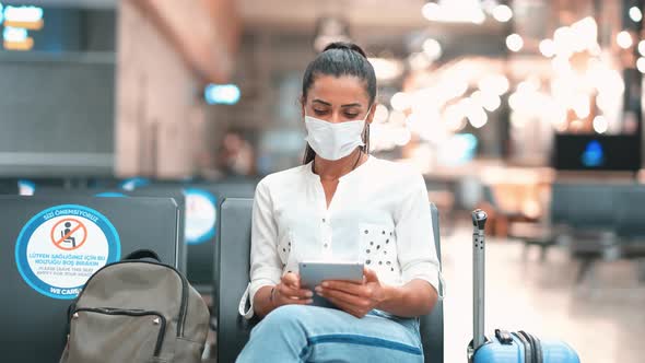 Happy Woman at the Airport, Using Her Tablet