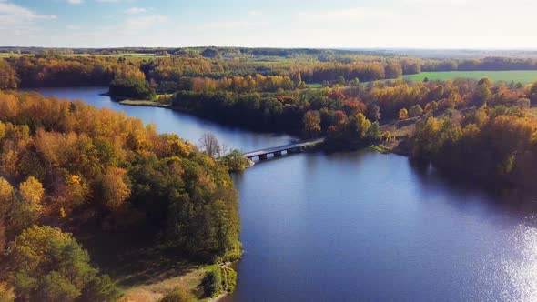 Small lake surrounded by trees. Aerial shot. Autumn colors. Bright, sunny day. Flyby over the lake a