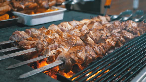 Meat Grilled on Skewers on the Grill on the Street Market