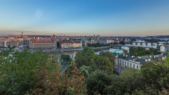 Evening Sunset Panorama of Prague with Vltava River and Prague Bridges Timelapse