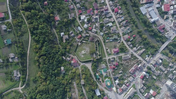 Aerial of a town with a historic site