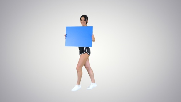 Ring girl holding empty board announcing new round on gradient