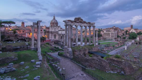 Ruins of Forum Romanum on Capitolium Hill Day to Night Timelapse in Rome Italy