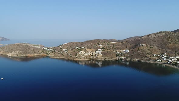 Port of the island of Ios in the Cyclades in Greece seen from the sky