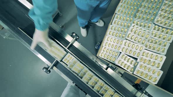 Pharmaceutics, Pharmacy Concept. Chemical Worker Is Packing Blisters of Capsules Into a Box