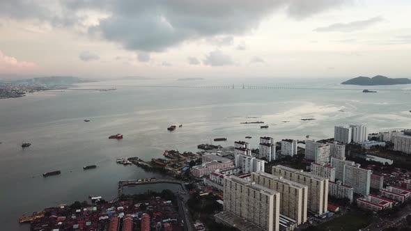 Aerial Lebuh Macallum with background Penang Bridge