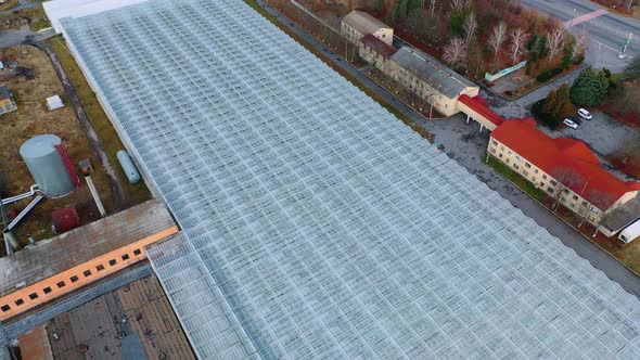 Aerial View Flying Over Large Greenhouse With Vegetables
