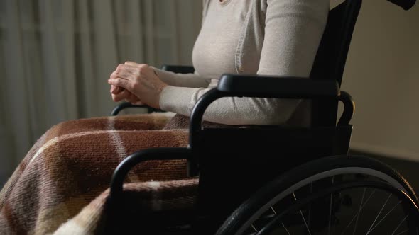 Invalid Woman Moving in Wheelchair at Home for Elderly, Charity Foundations
