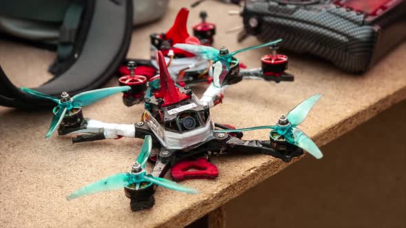 A quadcopter racing drone with four rotor engines closeup
