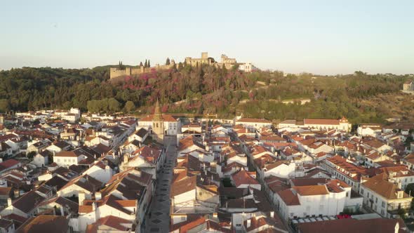 Aerial drone view of Tomar and Convento de cristo christ convent in Portugal