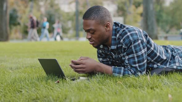African American Guy Young Business Man User Lying on Green Grass Lawn in Park Using Laptop Online