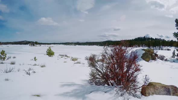 Time lapse of Dowdy reservoir  at Red Feather in Colorado during Winter.  Clouds sweep across the sk