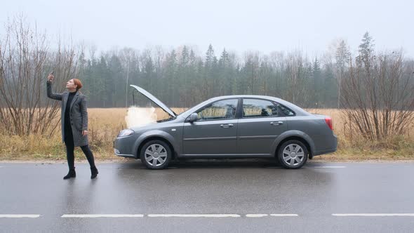 Young Woman Searching Mobile Network Broken Car