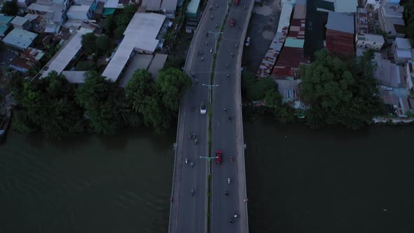 Aerial shot of modern urban and high rise development area of Ho Chi Minh City, Vietnam with dramati